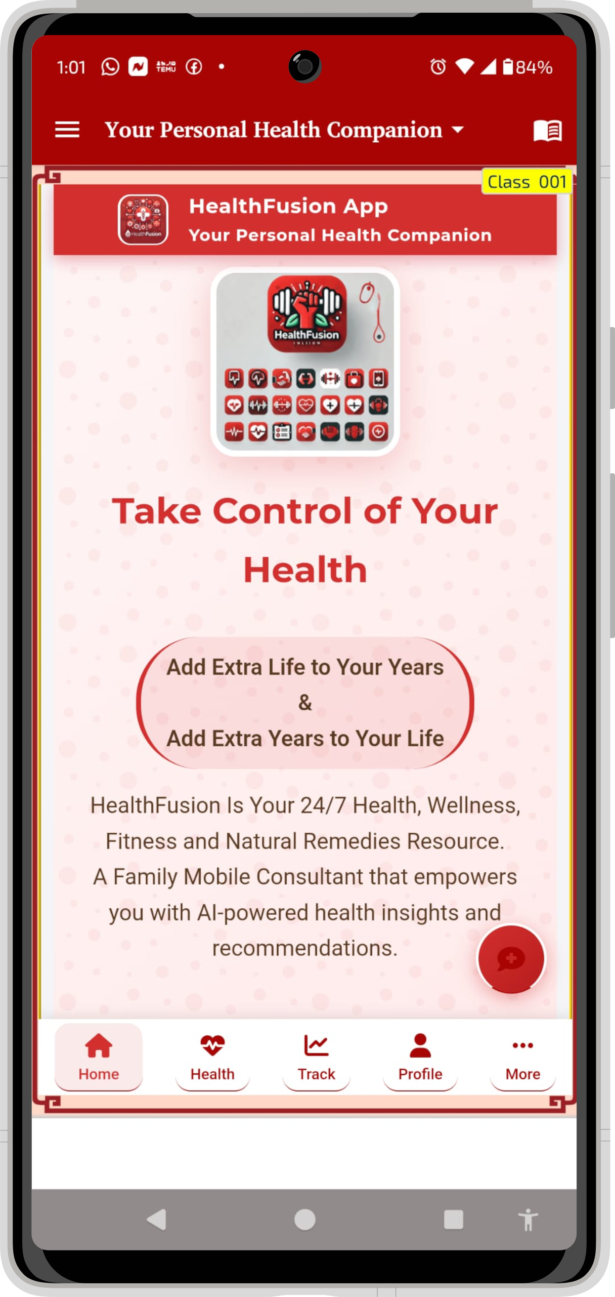 HealthFusion Mobile App Interface with comprehensive health tools