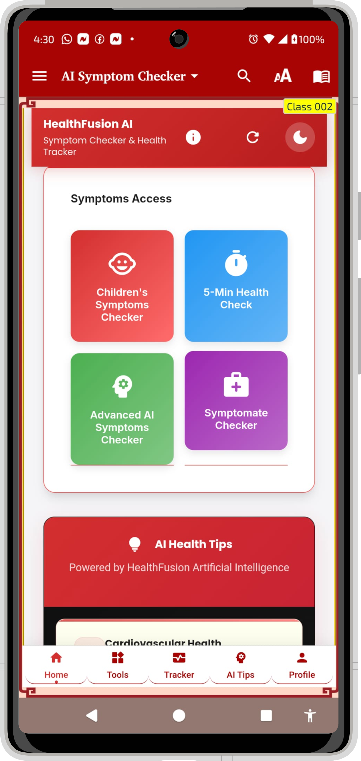 HealthFusion Mobile App Interface with comprehensive health tools