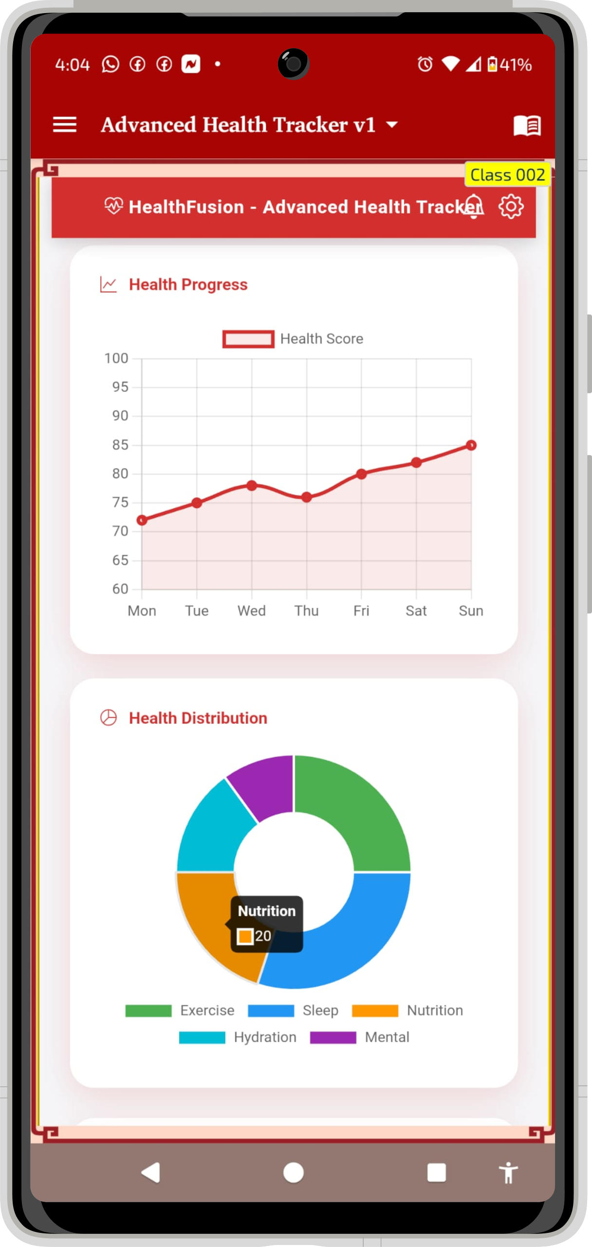 HealthFusion Mobile App Interface with comprehensive health tools